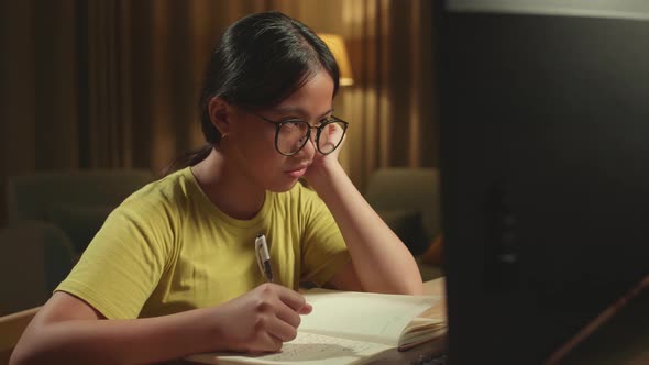 Bored Asian Girl Student Distance Learning, Learn Online On Computer From Home alt