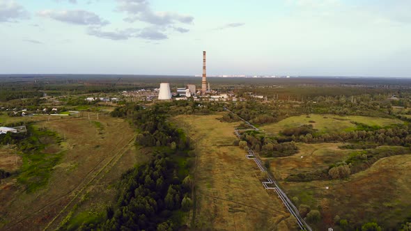 Thermal Power Station Near Big City, Aerial View.