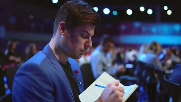 Crowded Viewer Seminar Writed Copybook. Audience Group Business Man Write Paper alt