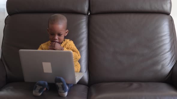 male toddler indoor at home sitting couch using laptop computer alt