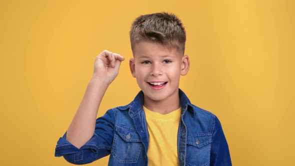 Portrait Happy Male Kid Exciting Pointing Forefinger Having Good Idea Solving Problem Posing alt