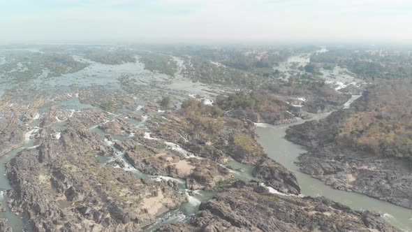 Aerial: flying over Don Det and the 4000 islands Mekong River in Laos alt