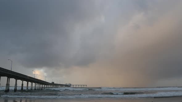 Ocean Beach Pier in Rainy Weather Sea Waves in Rainfall California Coast USA