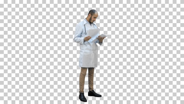 Male doctor checking medical documents, Alpha Channel