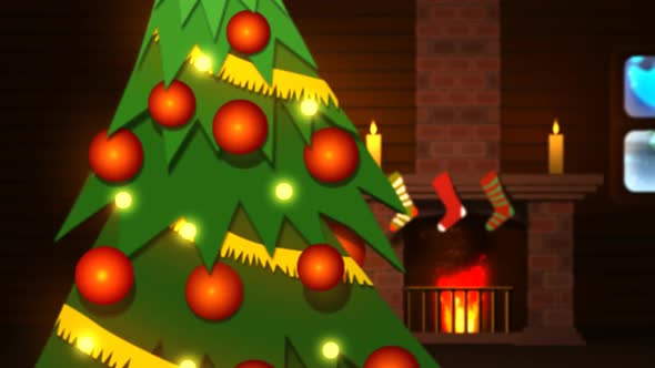 Happy holidays! Warm room in the wooden cottage with the chimney and fireplace. alt