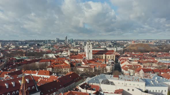 AERIAL: Vilnius City Old Town with Ancient Old Houses with Red Roofs