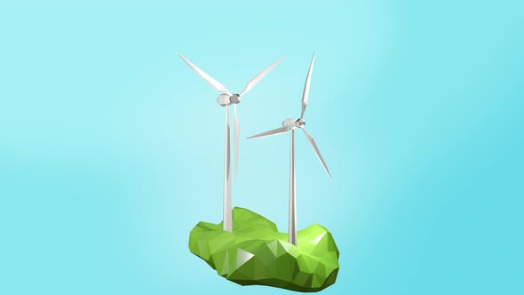 Wind turbines on island low poly green energy