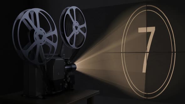 Movie Projector with Film Reel Plays the Retro Countdown Video on the Screen alt
