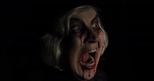 Old Witch Halloween Makeup. Elderly Woman Portrait with Blood on Her Face. alt