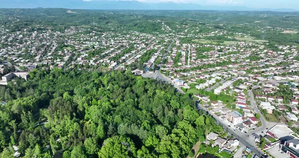 Zugdidi, Georgia - May 30 2022: Flying over the center of Zugdidi city in Samegrelo alt