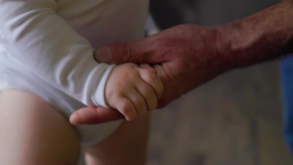 Close Up of a Wrinkled Hand of Aged 50s Grandfather and Little Palms of Baby alt