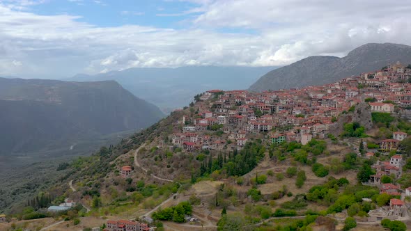 Aerial view of Arachova village in the mountains of Greece, Europe.