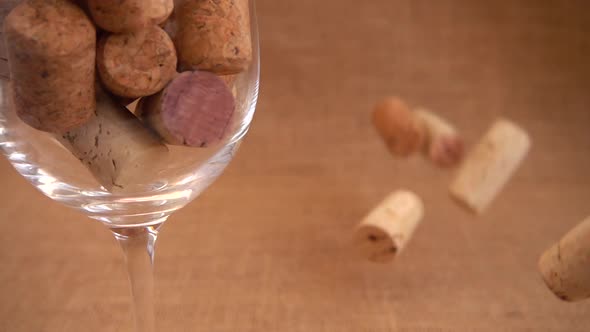 Wine corks fall on burlap against a background of wineglass. Slow motion. alt