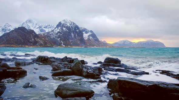 Norwegian Sea Waves on Rocky Coast of Lofoten Islands, Norway alt