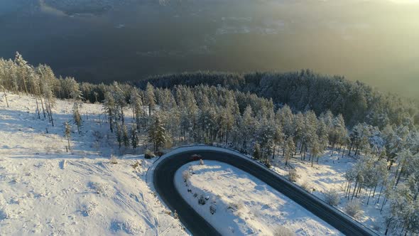 Flight Over the Road Through the Snowy Forest at Sunrise