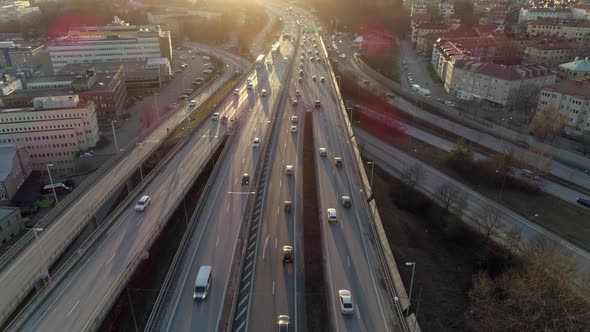 Aerial View of Elevated Highway Traffic at Sunset