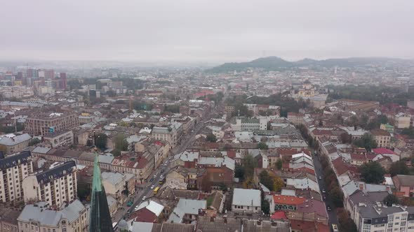 Aerial Drone View of City Lviv Ukraine Flight Above Roofs and Streets Panorama of Ancient Town alt