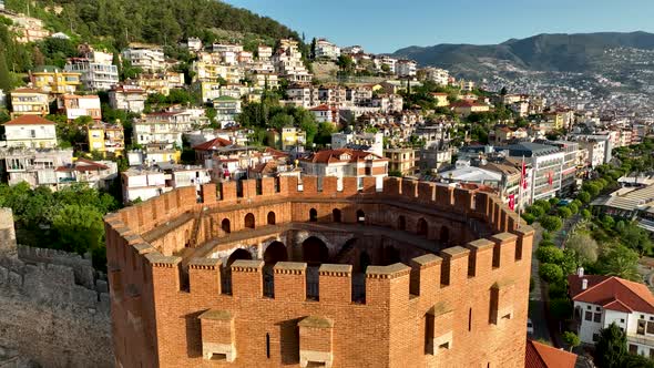 Red Tower in Alanya aerial view 4 K alt