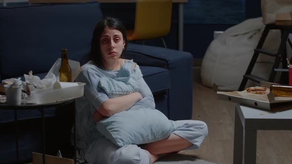 Disappointed Frustrated Ill Woman Holding Pillow Looking Lost in Camera alt