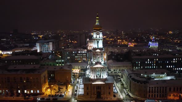 Dormition Cathedral in Kharkiv winter night lights