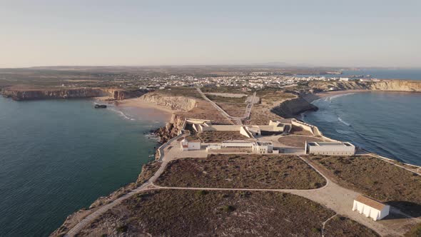 Sagres Fortress, unique sea fort in narrow headland, Sagres, Algarve. Aerial forward alt