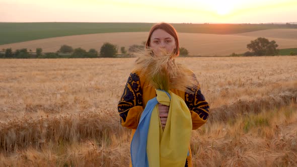 a woman in an embroidered shirt in a wheat field with a blue-yellow flag of Ukraine