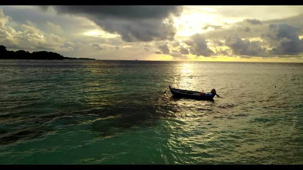Aerial top view tourism of relaxing lagoon beach time by transparent sea with white sandy background alt
