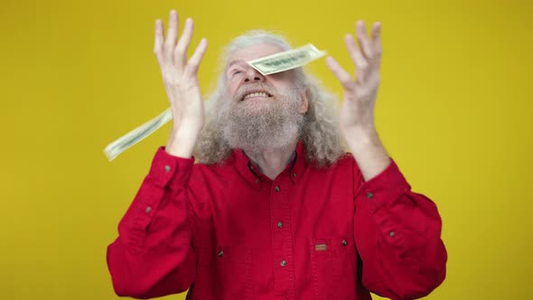 Excited Happy Senior Man Standing at Yellow Background As Dollars Falling in Slow Motion alt