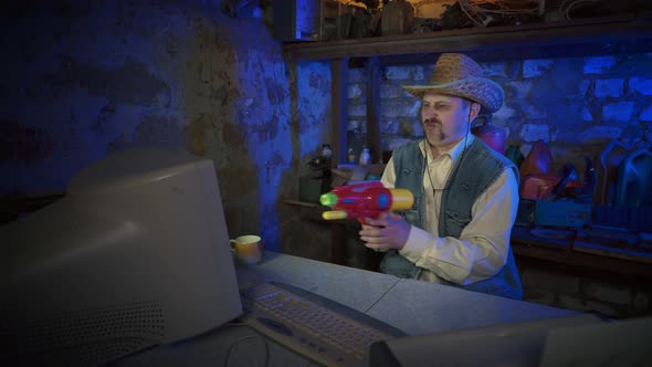 A cowboy in a straw hat plays a computer game alt