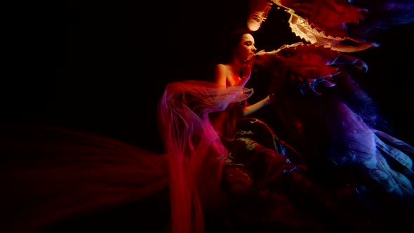 Magical Dream a Girl in a Dress Swims Underwater with a Dragon alt