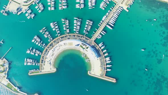 View from above of boats at docks of modern Sukosan marine, Croatia alt