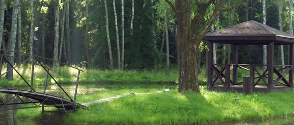 Calming and Restful Forest Landscape with a Bridge Over the River a Summer House for Rest Dense Pine alt