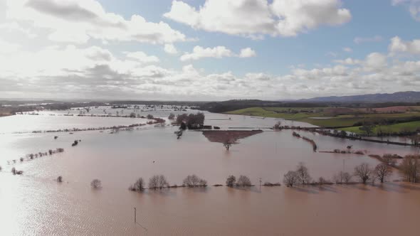 Flooded Landscape Farm House River Severn Worcester Callow End Aerial February 2020