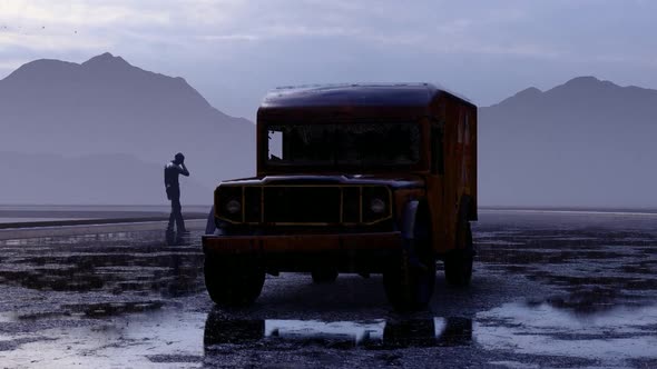 Old military Ambulance All-terrain Vehicle that Crashed and Burned on the Road alt