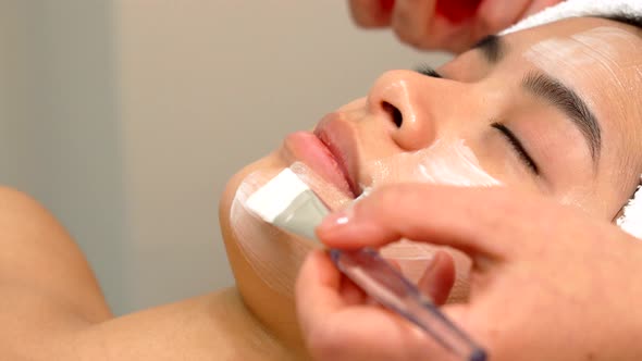 Beauty Specialist Uses Brush To Apply Cosmetic Mask on Girl's Face alt