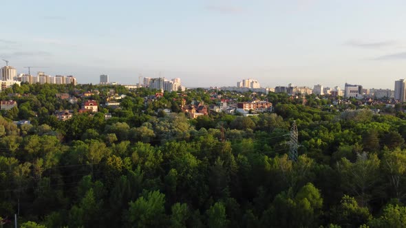 Aerial view green sunset Kharkiv city park area