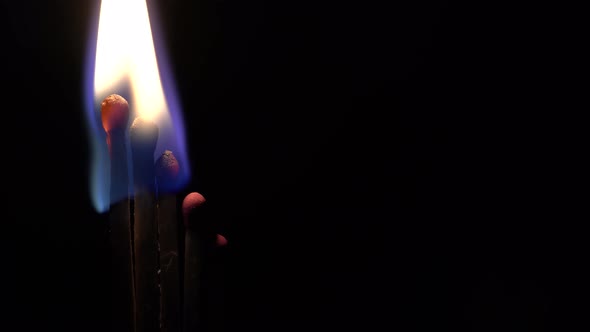 Five Matches Light Up And Burn On A Black Background, Close