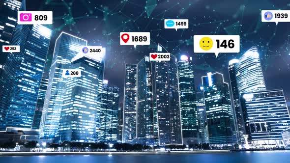 Social Media Icons Fly Over City Downtown Showing People Engagement Connection alt