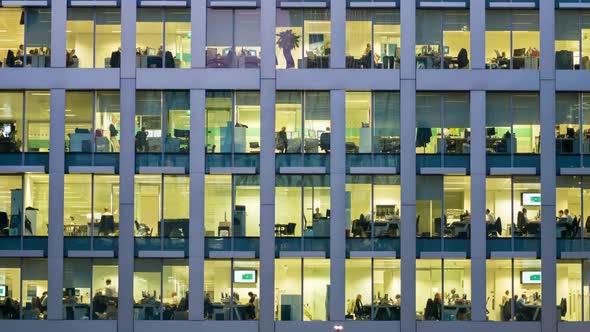 The exterior of an office block at night