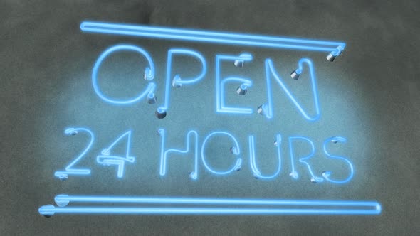 Neon Sign Open 24 Hours in Cafe Bar Restaurant, Working Evening Night Local Pub alt