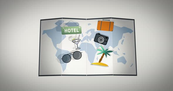 Fold world map with vacation icons popping out. Digital animation on white and black background isol alt