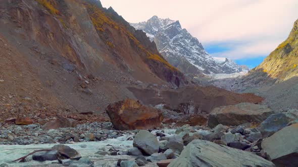 Mountain river in the autumn mountains. A turbulent current. Georgia, Svaneti. alt