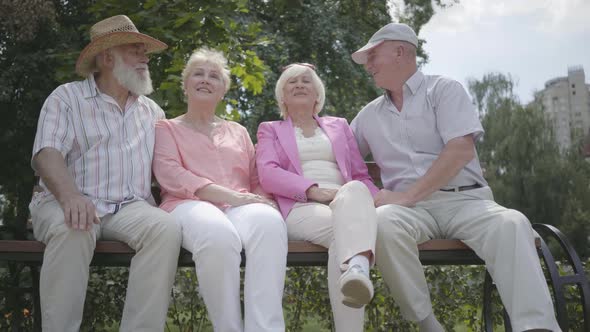 Two Cute Mature Couples Talking and Smiling Sitting on the Bench in the Summer Park alt