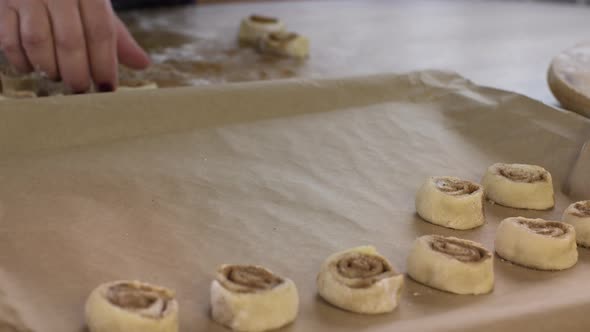 Close Up Female Hand Puts Cinnamon Buns on Baking Sheet with Parchment Paper alt