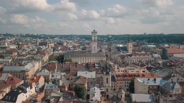 Aerial Drone Footage of European City Lviv, Ukraine, Flight Above Popular Ancient Part of Old Town alt