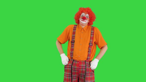 Clown Wearing a Red Nose Holding His Hands in Pockets While Looking Into the Camera on a Green alt