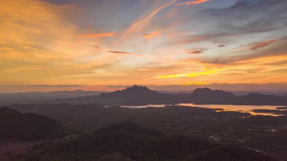 Aerial view of drone evening view dramatic sky, sunset behind the mountains,