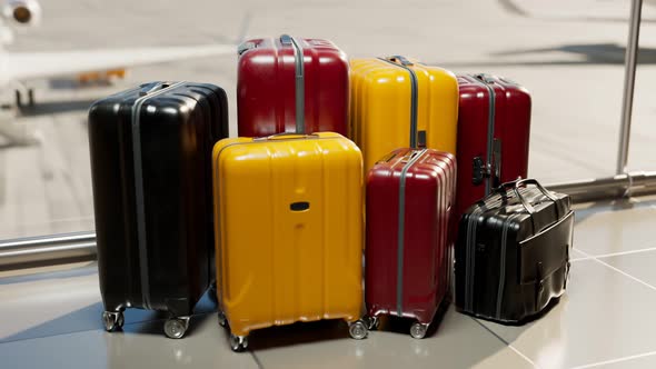 Airport waiting hall. Close-up view at the baggage. A camera moves around. 4k HD alt