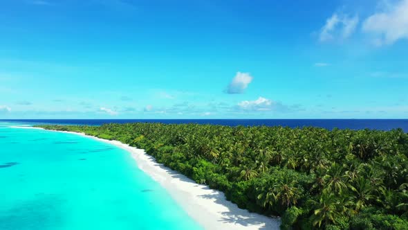 Aerial nature of tranquil tourist beach break by transparent ocean and bright sand background of a d alt