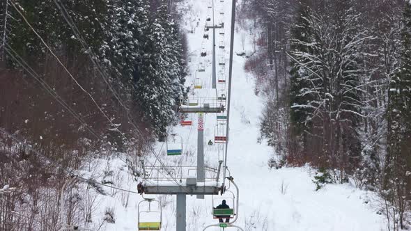High View From the Ski Lift Above the Forest Path in the Beautiful Carpathian Mountains alt